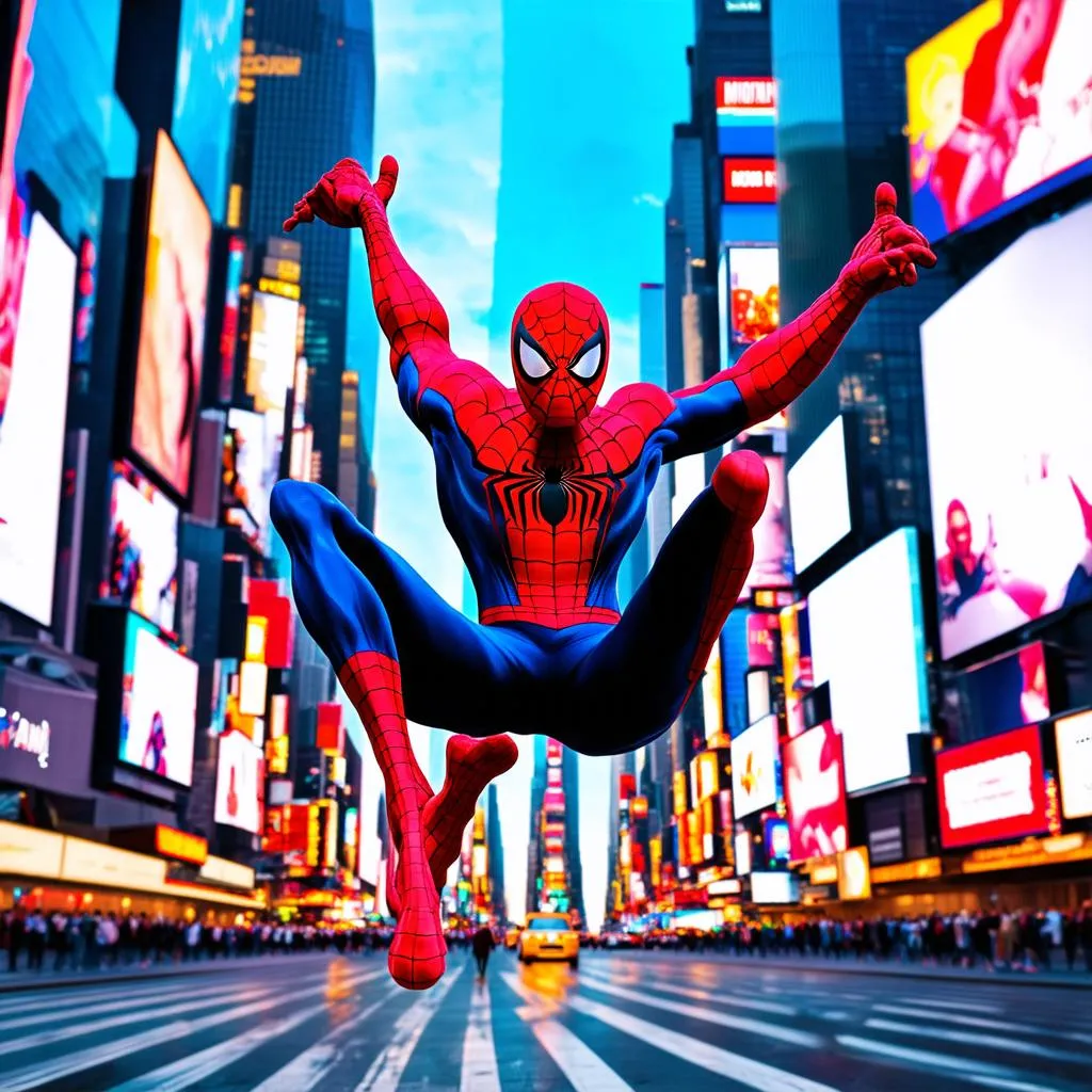 Spider-Man swinging through Times Square