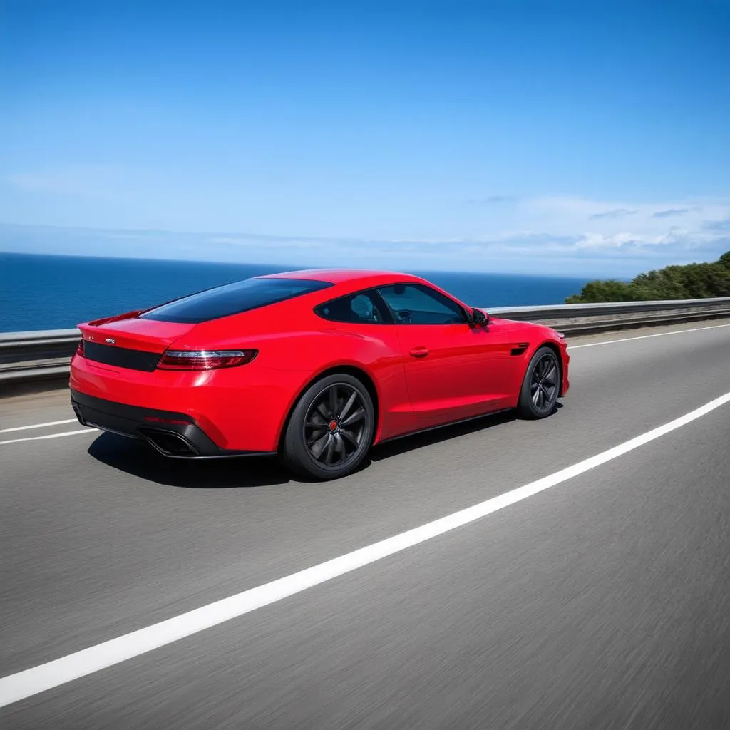 A sleek red sports car speeds along a winding coastal road