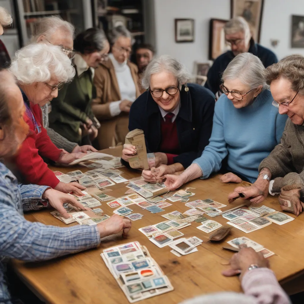 A group of stamp collectors gathered around a table, examining stamps and sharing stories