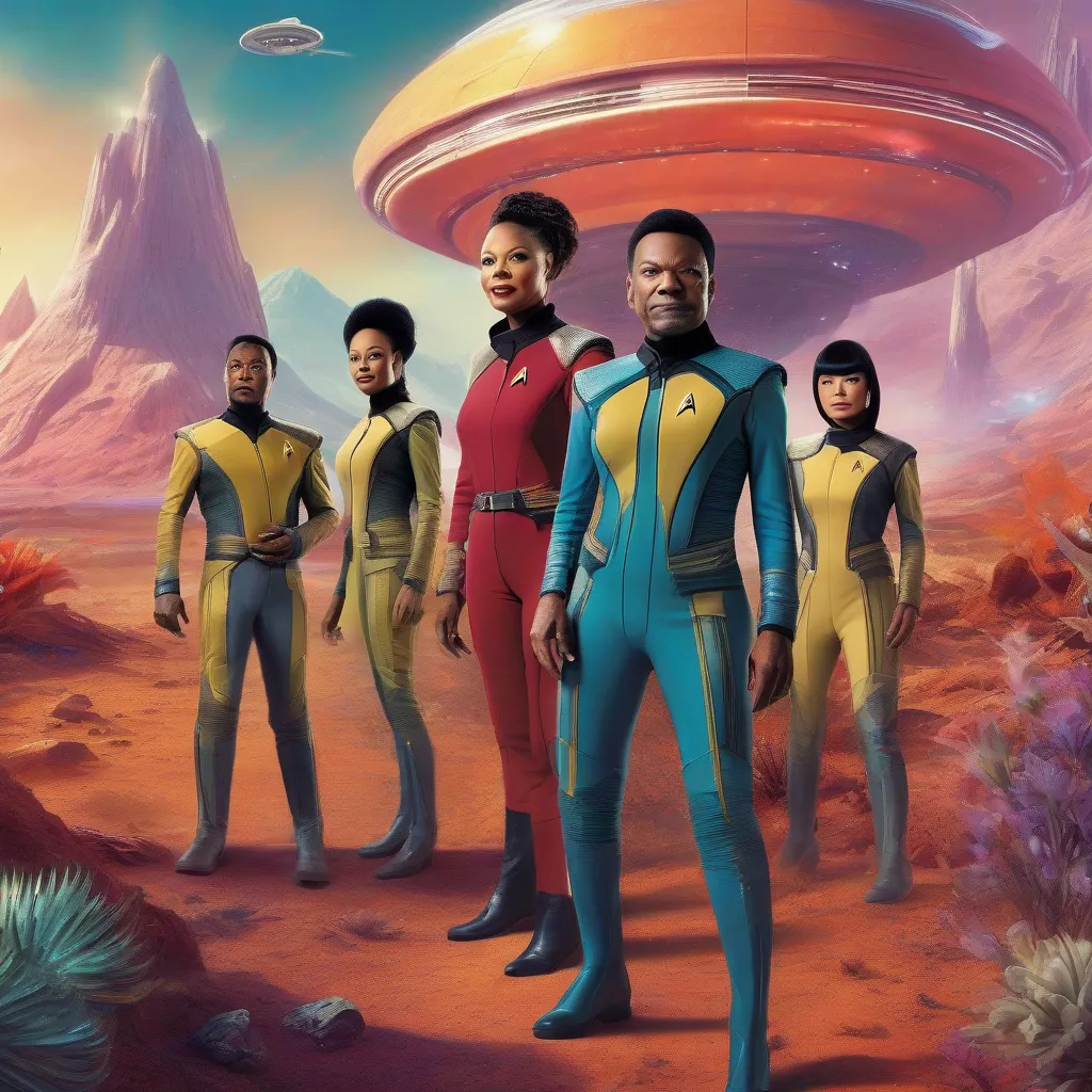 A diverse crew of Starfleet officers, dressed in futuristic uniforms, explore a vibrant alien planet with strange flora and fauna.