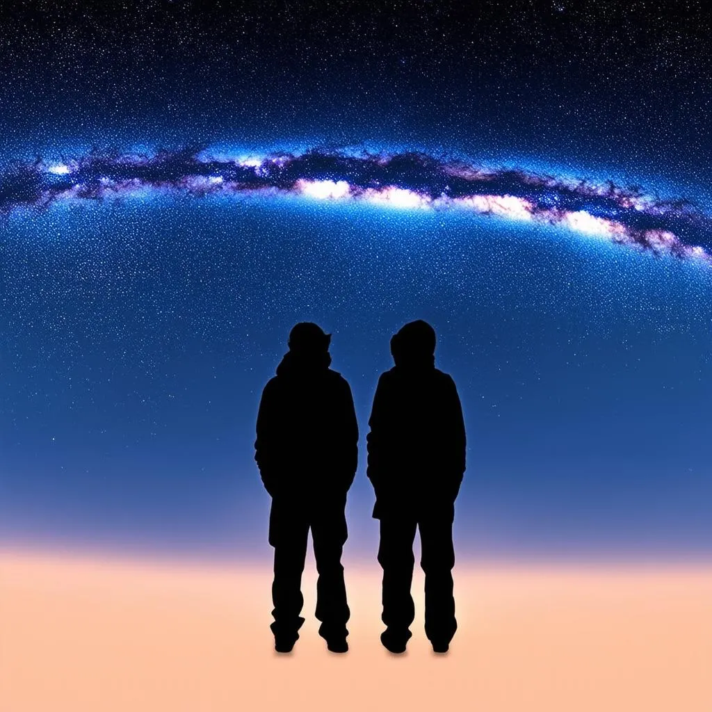 A couple gazes at the stars in awe, with the Milky Way prominently displayed in the night sky.