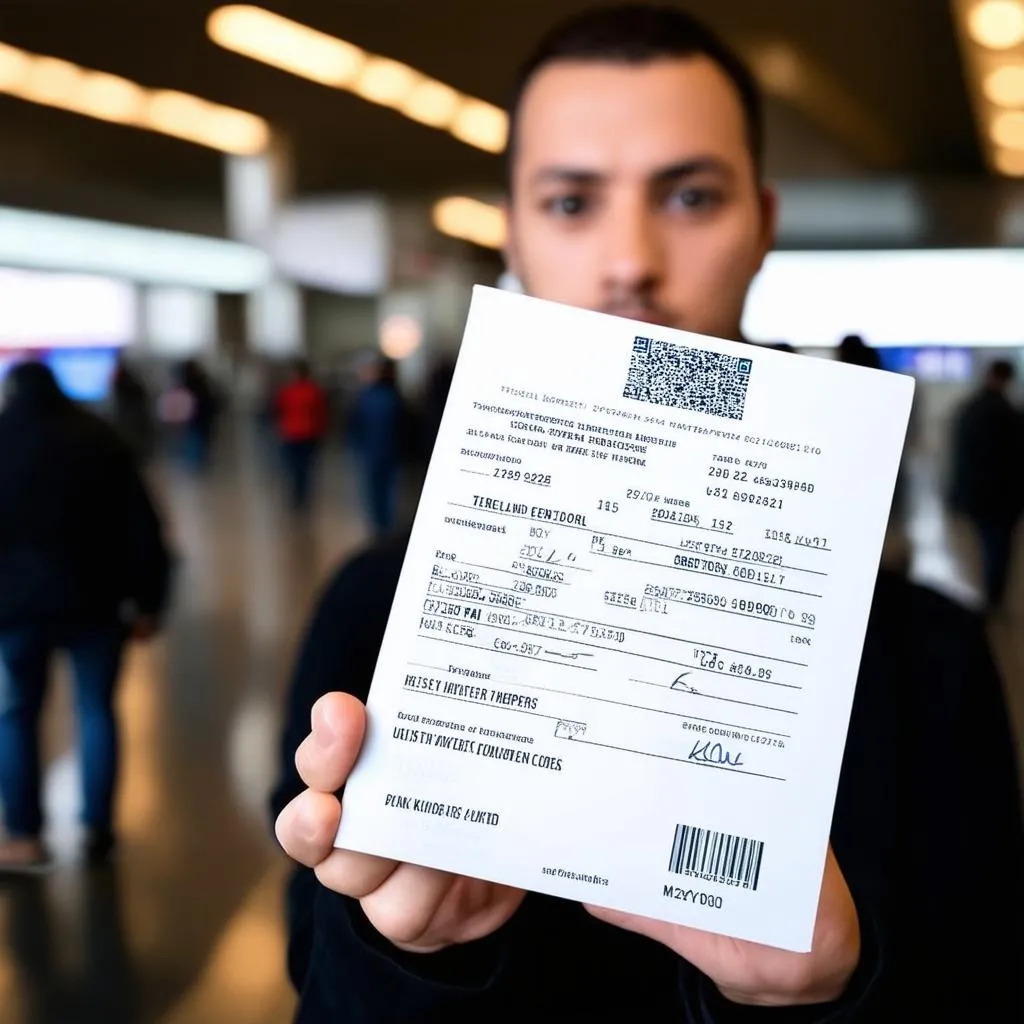 A stateless person holding a travel document, looking hopeful.