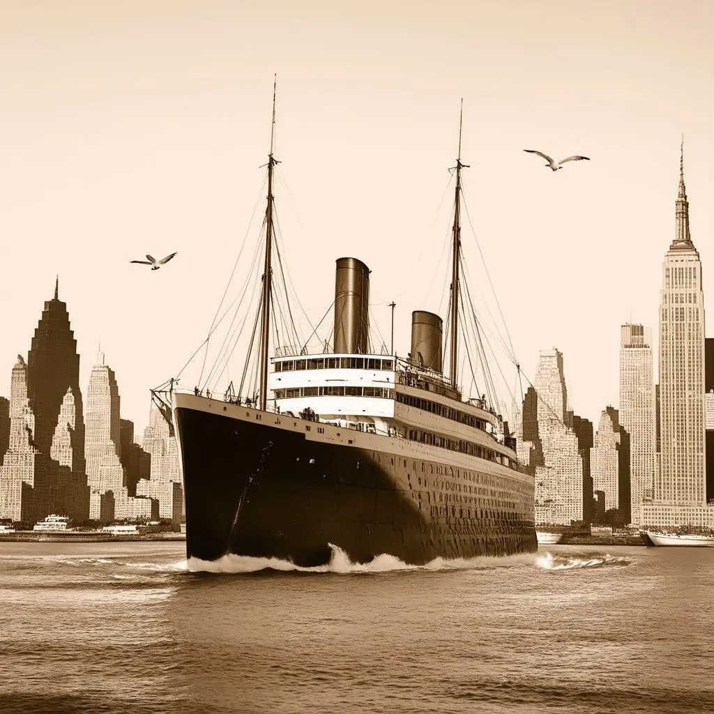 Steamship arriving in New York City, 1920s