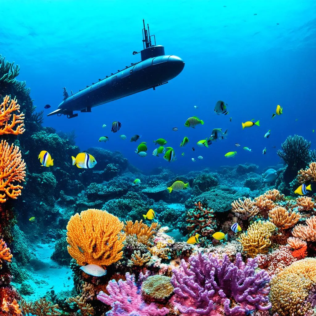 Submarine Exploring Coral Reef