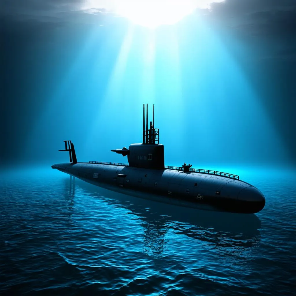 Submarine Silhouetted Against Sunlight Underwater