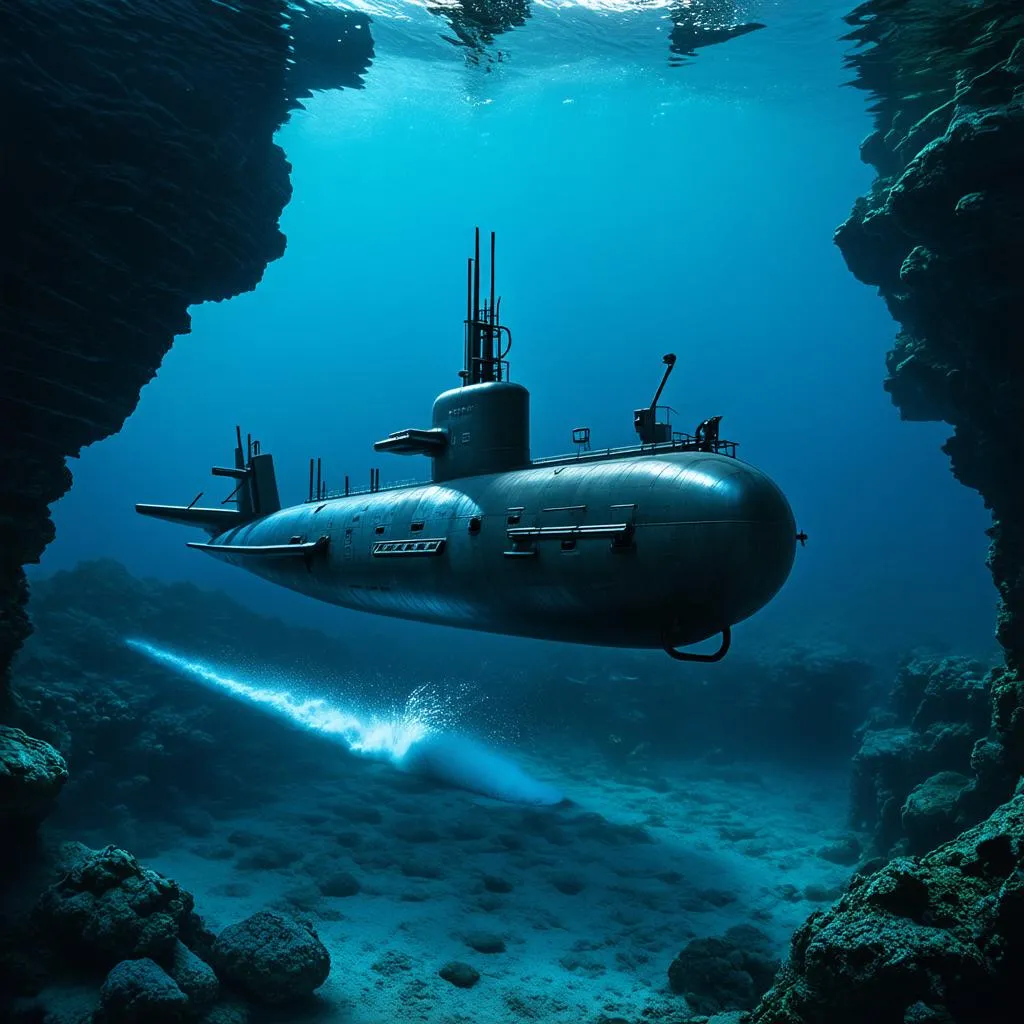 Submarine Navigating Underwater Terrain