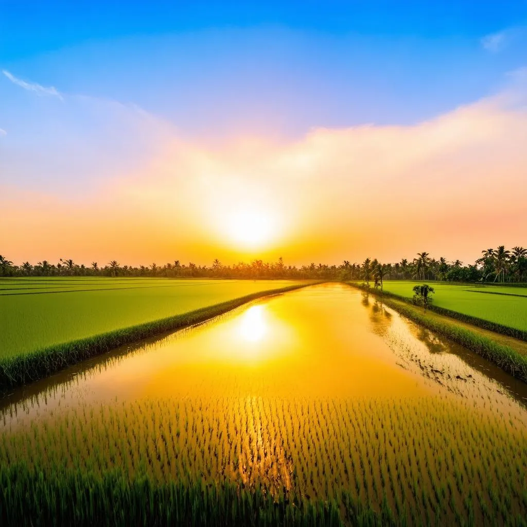 Sunrise over Rice Paddies Mekong Delta