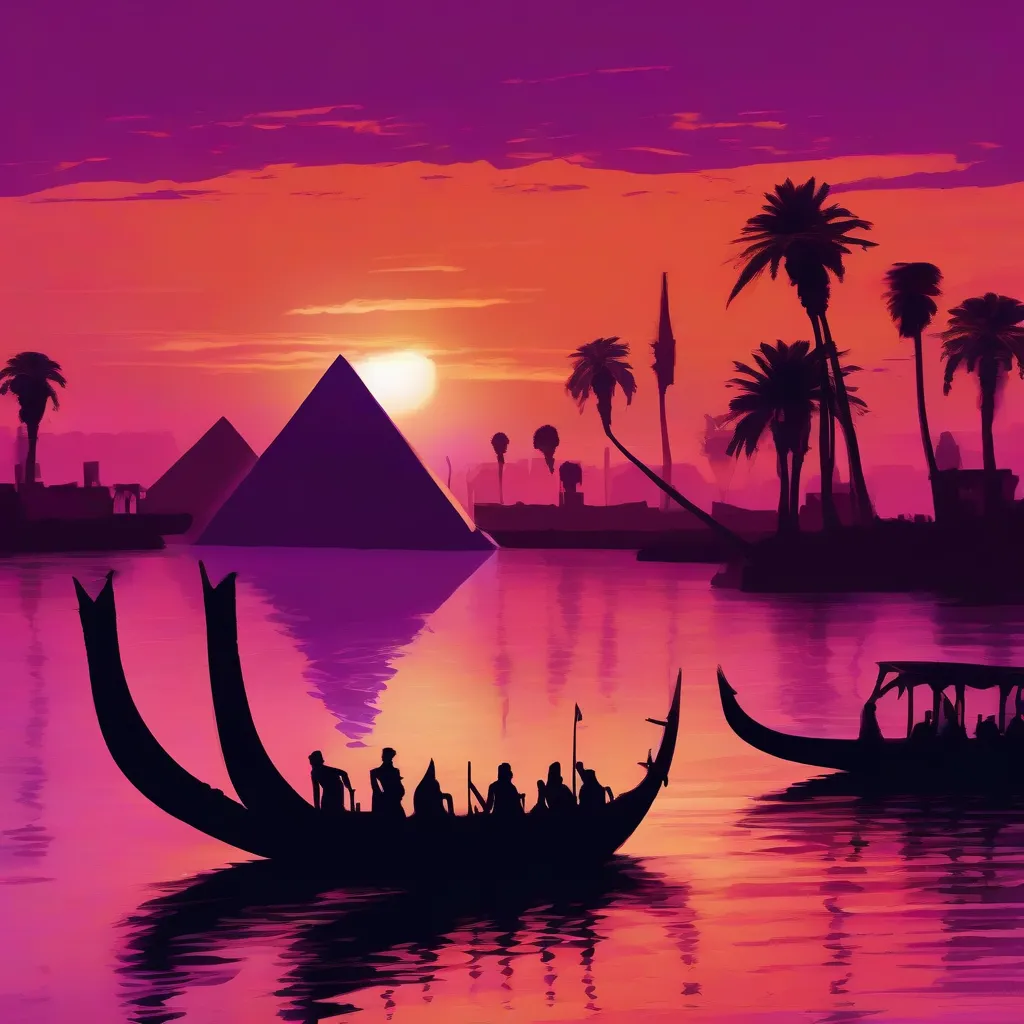 The silhouette of a rowboat is seen against the backdrop of a fiery sunset over the Nile River, with ancient Egyptian ruins in the distance.