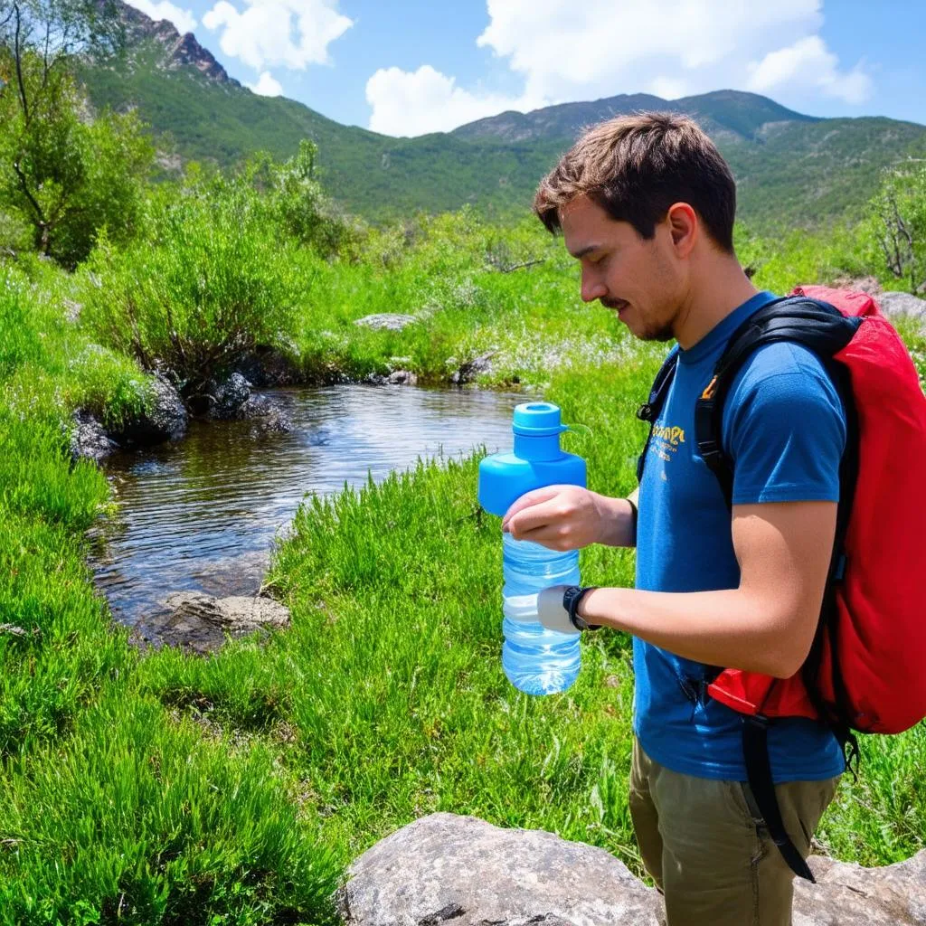 A traveler refills their reusable water bottle from a natural spring, surrounded by lush greenery