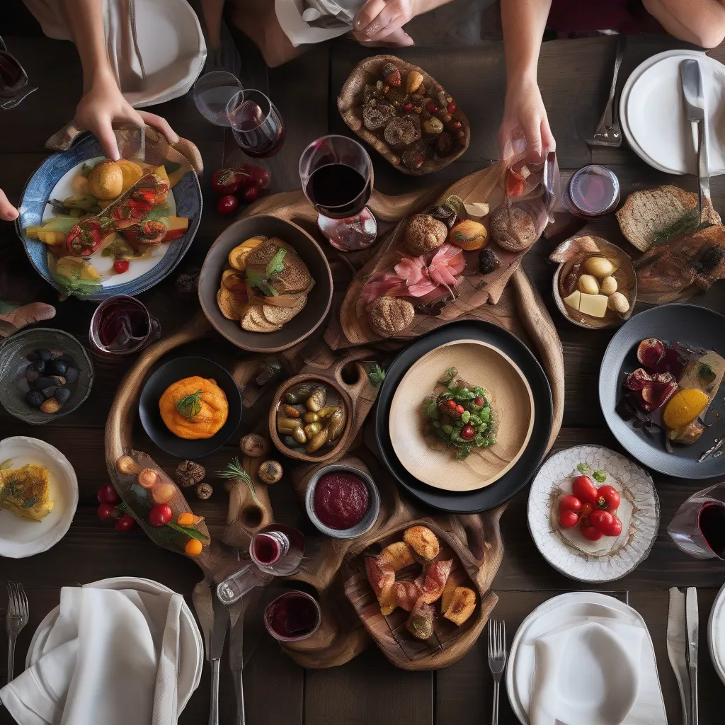 A table laden with a variety of Spanish tapas, including patatas bravas, olives, and cured meats, accompanied by a bottle of Spanish red wine.