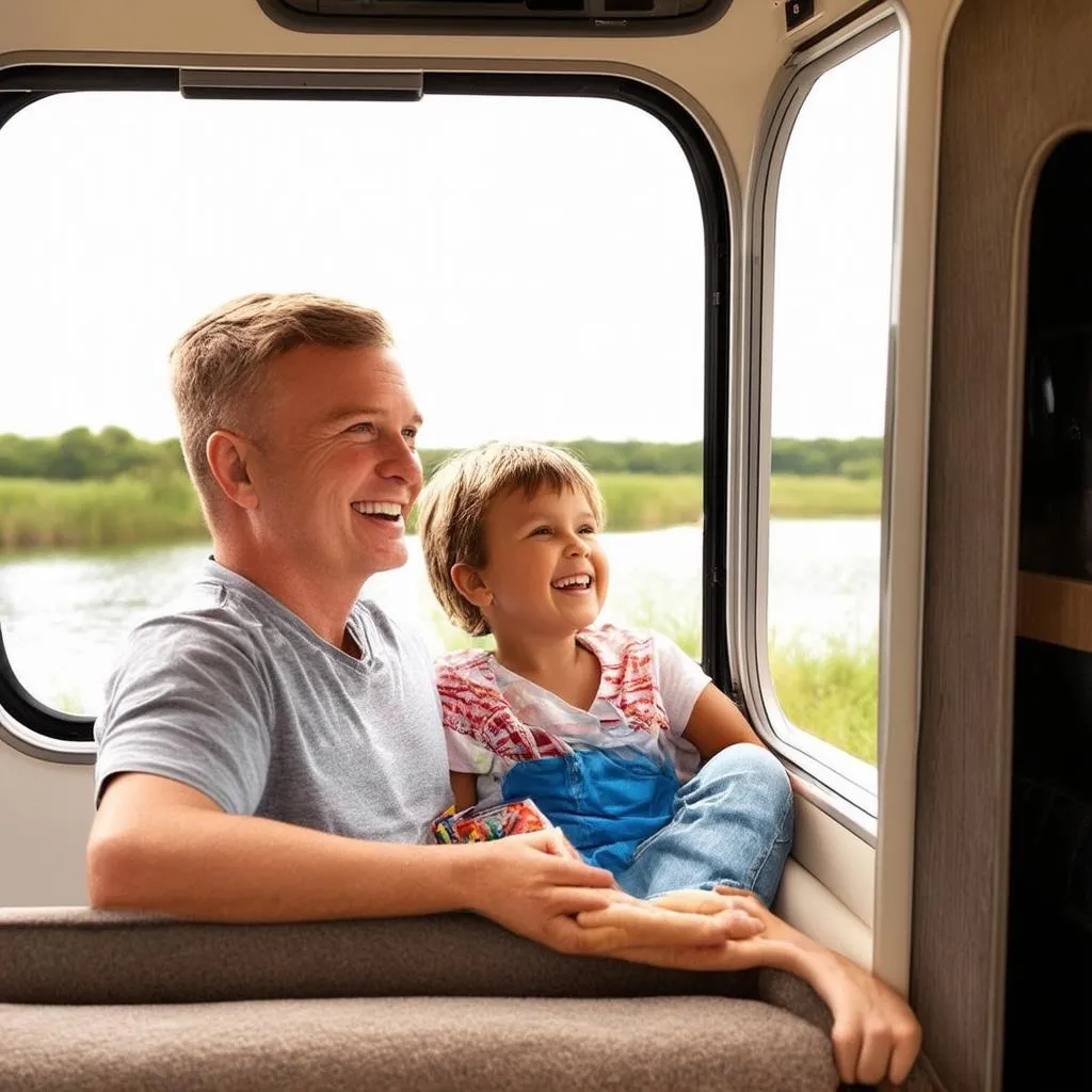 Family enjoying their trip in a travel trailer