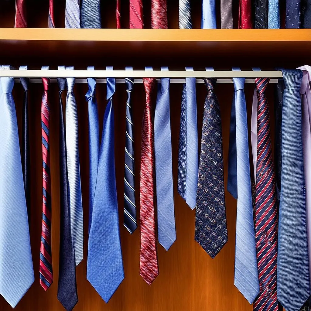 A well-organized tie collection displayed on a wooden tie rack.