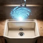 A vintage kitchen sink with a swirling vortex of light emanating from the drain