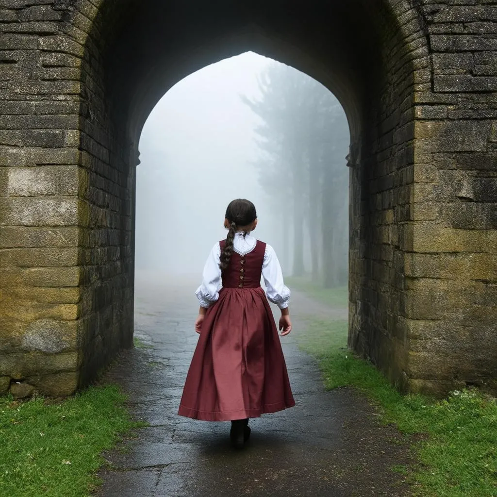 A young girl walking through a stone archway