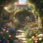 A lush garden filled with flowers and sunlight.