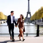 Couple walking near the Seine River in Paris