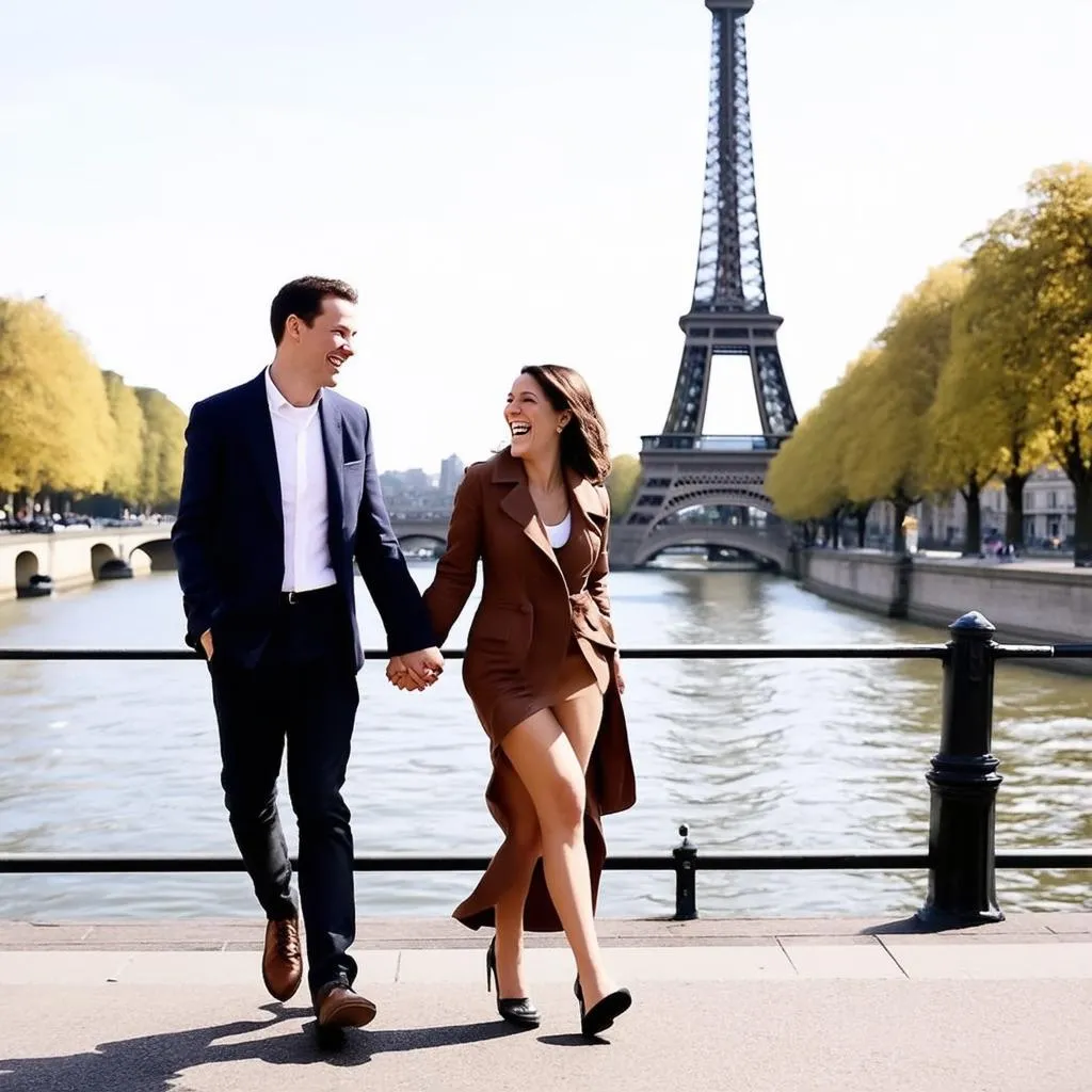 Couple walking near the Seine River in Paris