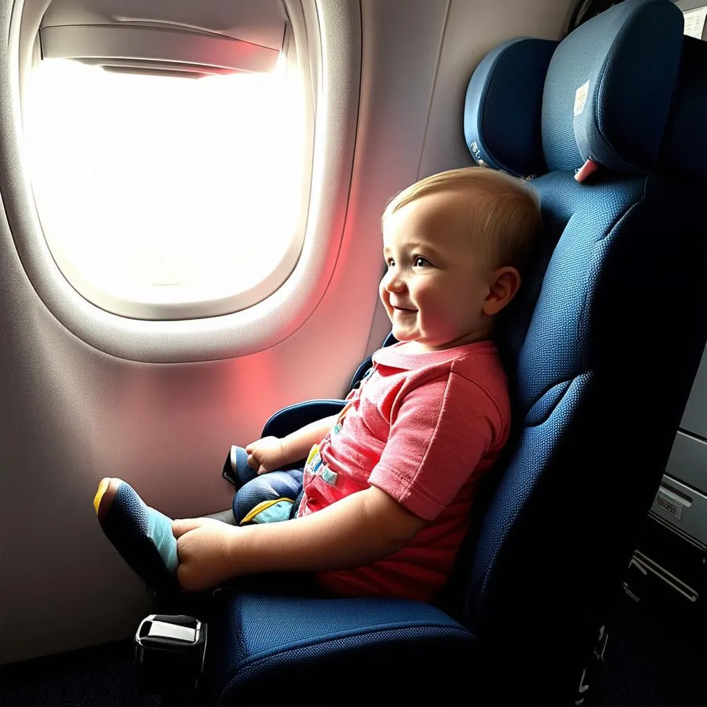 Toddler Safely Secured in Car Seat on Airplane