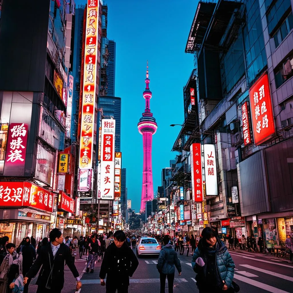 Busy Tokyo street scene at night