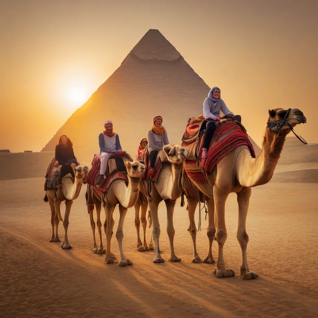 Tourists Enjoying Camel Ride near Pyramids