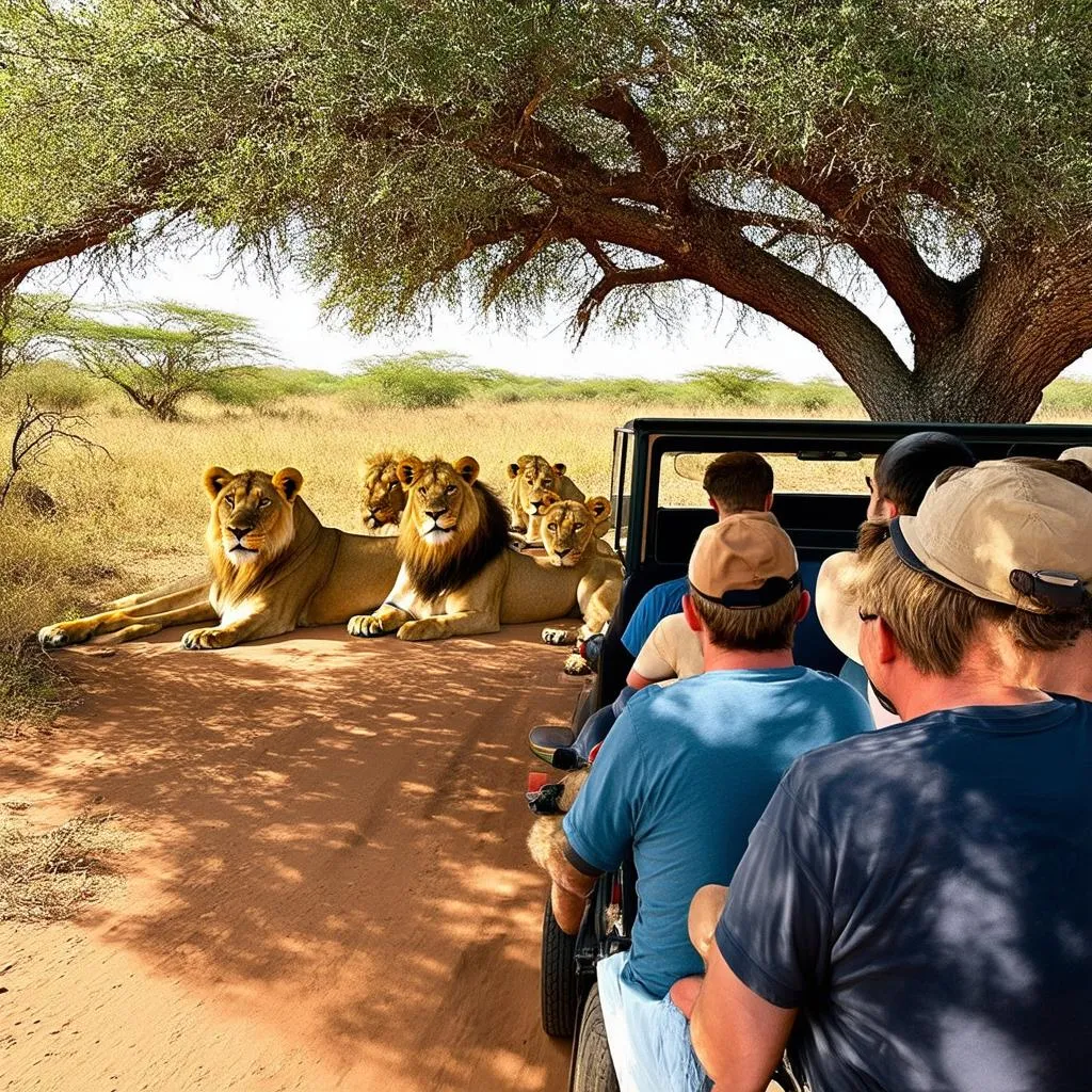 Tourists Observing Lions From a Safari Vehicle