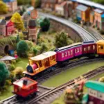 A colorful toy train travels along a circular track, surrounded by lush greenery and miniature houses.