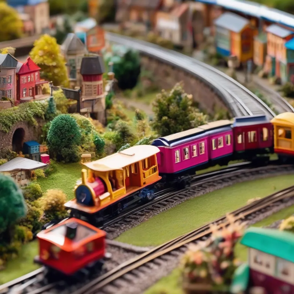 A colorful toy train travels along a circular track, surrounded by lush greenery and miniature houses.