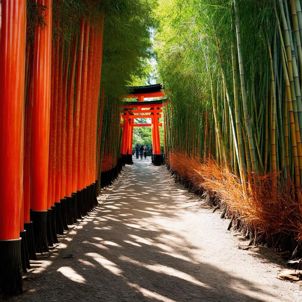 Tranquil Bamboo Forest Leading to Fushimi Inari Shrine in Kyoto, Japan