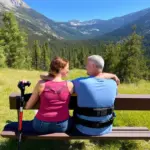 Couple sitting on a bench overlooking a scenic mountain view