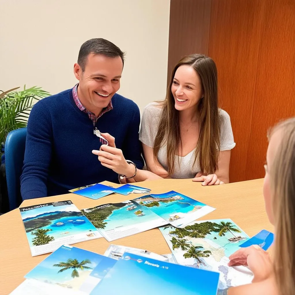 Couple consulting with a travel agent about their sweet adventure trip