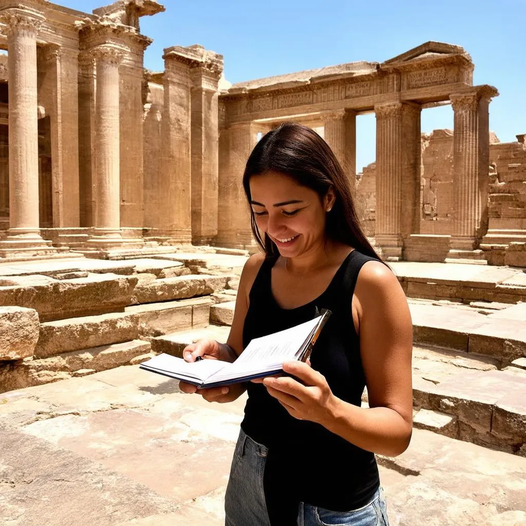 Travel agent exploring ancient ruins