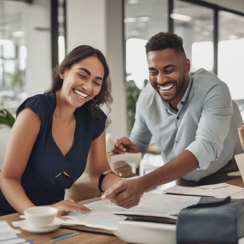 A travel agent smiling and assisting a couple with their travel plans