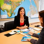 Travel agent assisting clients