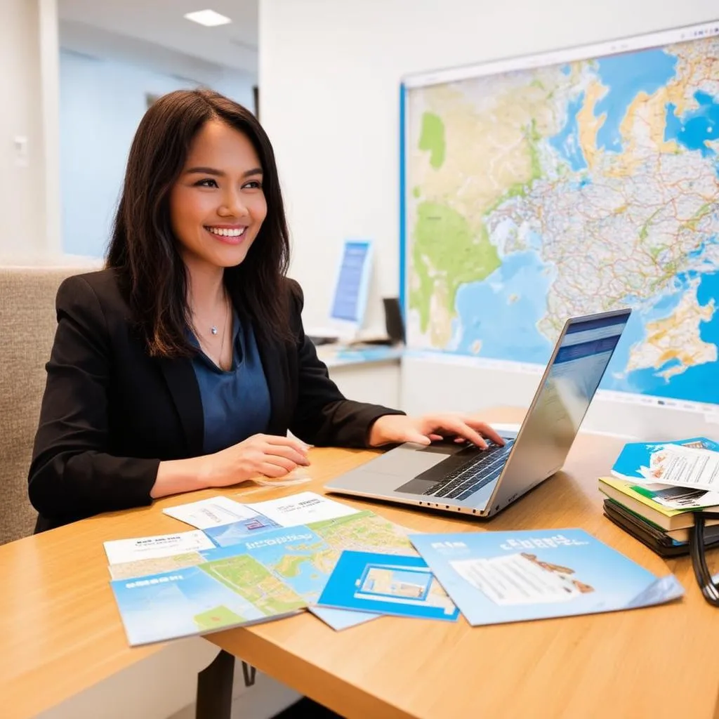 Travel agent planning a trip on laptop