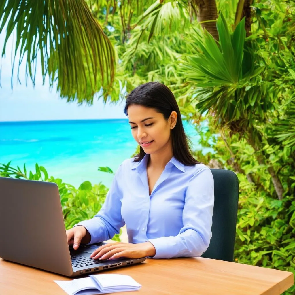 Travel agent working remotely from a laptop