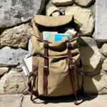 A well-worn travel backpack