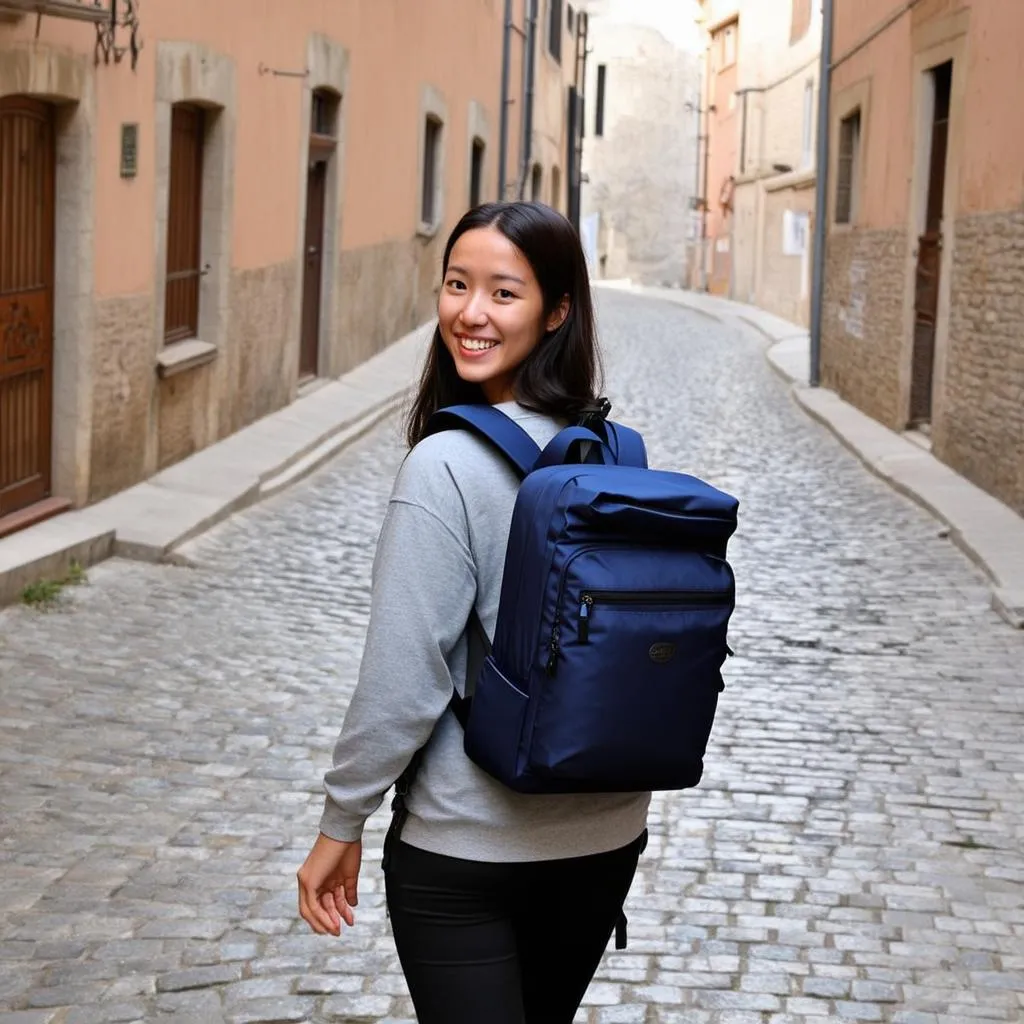 Travel backpack on cobblestone street