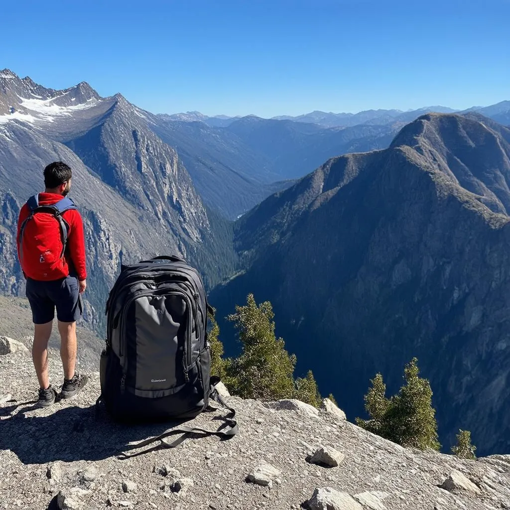 travel backpack on mountain top