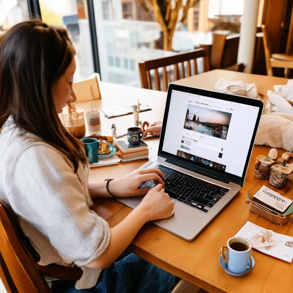 Travel Blogger Working on Laptop 