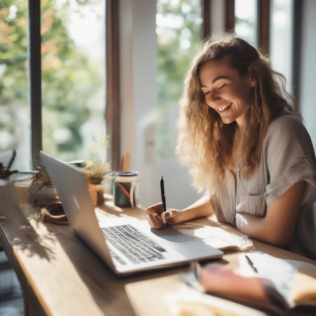 Woman sitting at a desk writing in a notebook with a laptop and camera nearby