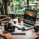 Laptop with a travel blog open, coffee and a camera on the side