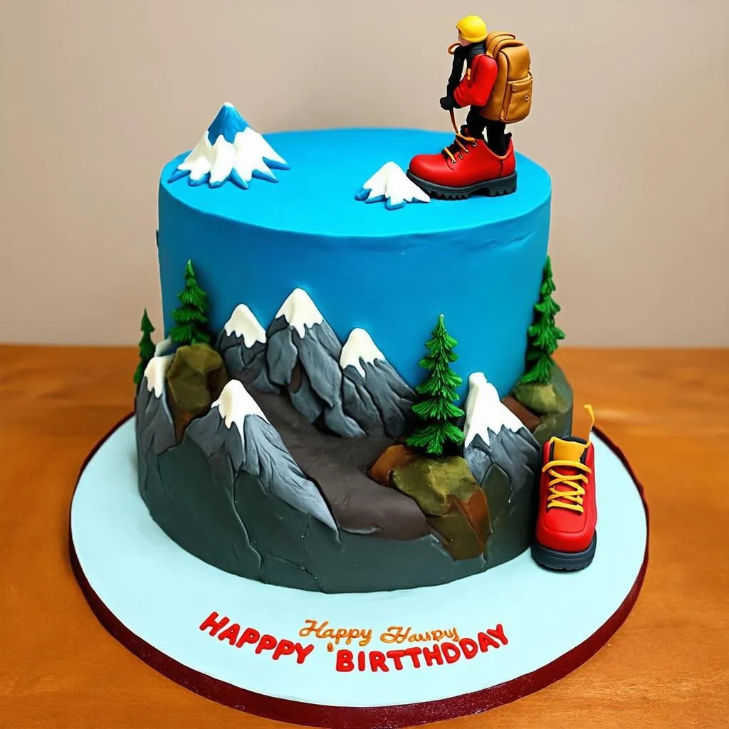 Traveler's Themed Birthday Cake with Mountains and Hiking Decorations