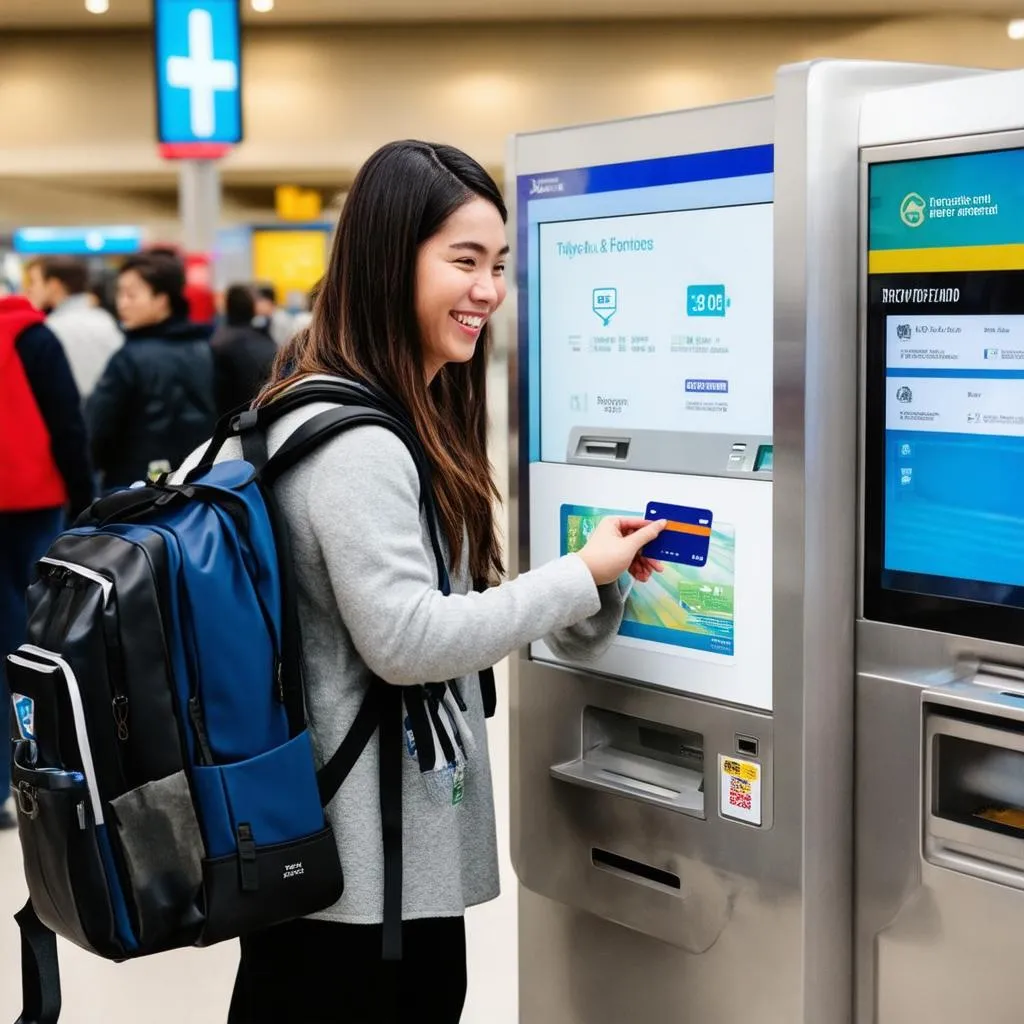 Woman using travel card at airport kiosk