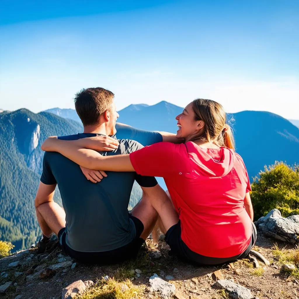 Two friends laughing together on a mountaintop with stunning scenery in the background