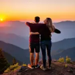 Two friends laughing on a mountaintop