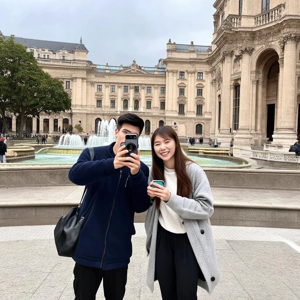 Two travel companions are taking pictures of each other in a bustling city center with historical buildings