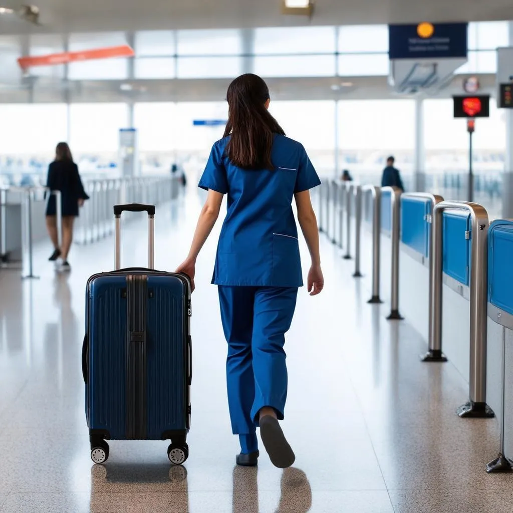 A young, enthusiastic dental hygienist is walking confidently with her luggage towards an airport terminal, ready for her next adventure.