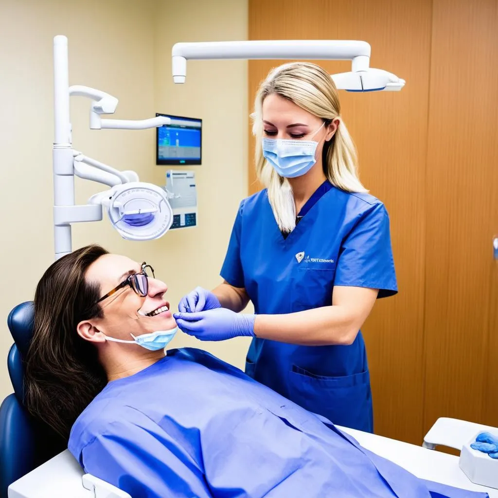 A dental hygienist with a bright smile is working on a patient in a modern dental office.