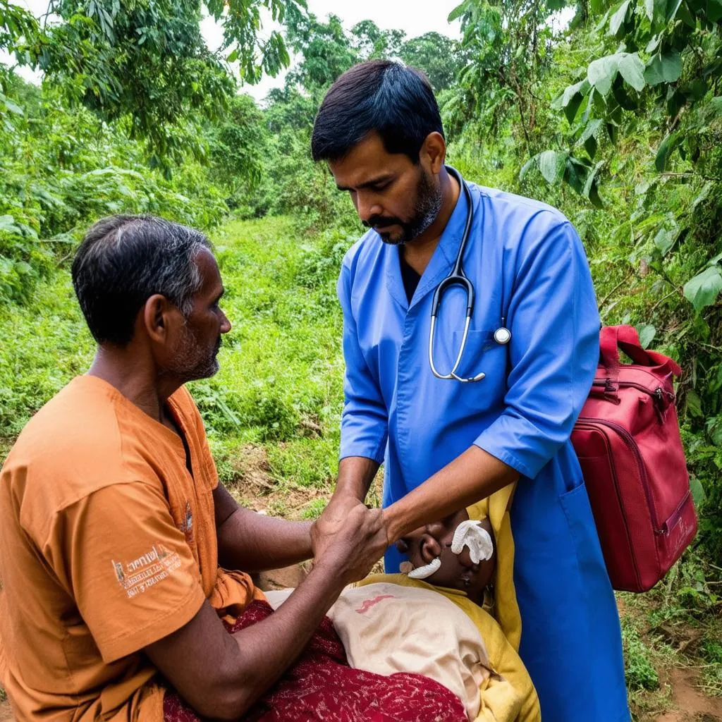 Travel Doctor Examining Patient in Remote Location