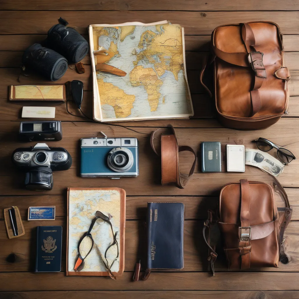 Essential travel items laid out on a wooden table.